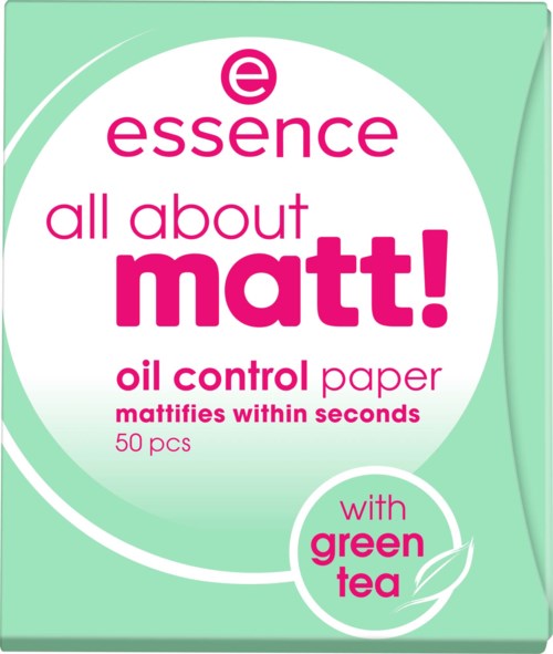 A box of Essence all about Matt! oil control papers with green tea, 50 pieces, for quick matte results.