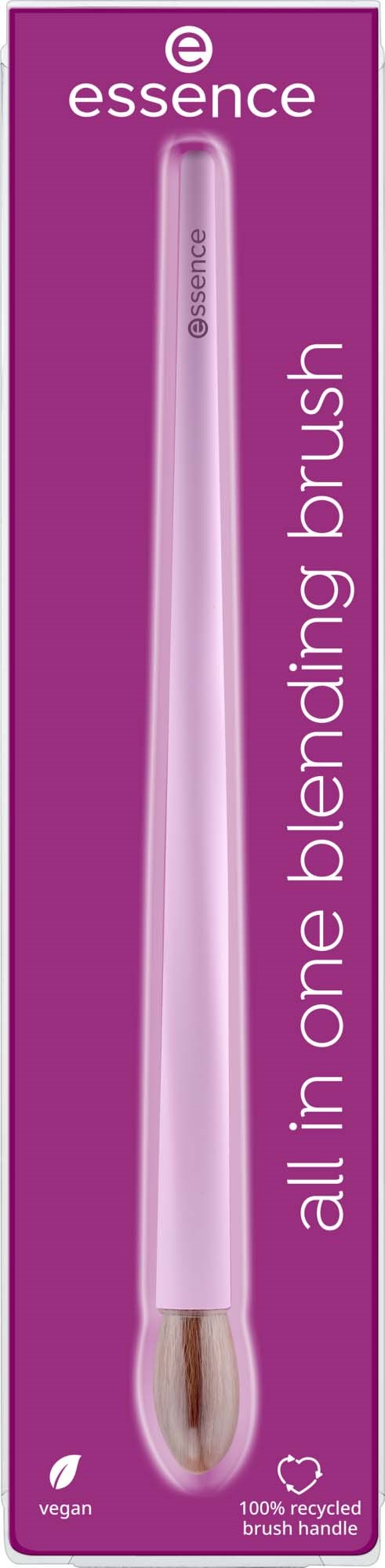 Een paarse en witte doos met een all-in-one blending penseel erin, met productdetails en milieuvriendelijke symbolen.