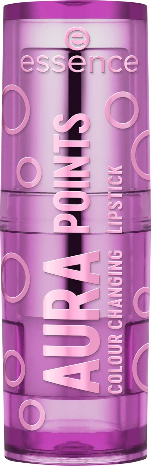 Lila läppstiftsbehållare med orden Aura Points Colour Changing Lipstick och cirkeldesign.