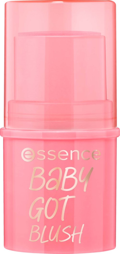 Roter Stift mit goldener und rosa Schrift, die sagt Essence Baby Got Blush. Es ist ein Rouge-Produkt für die Wangen.