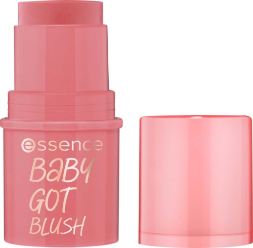 A pink stick of blush with a cap, labeled Essence Baby Got Blush, standing upright.