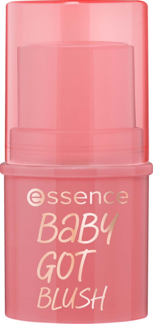 Pink container for baby blush makeup with a clear cap and branding text on the front.