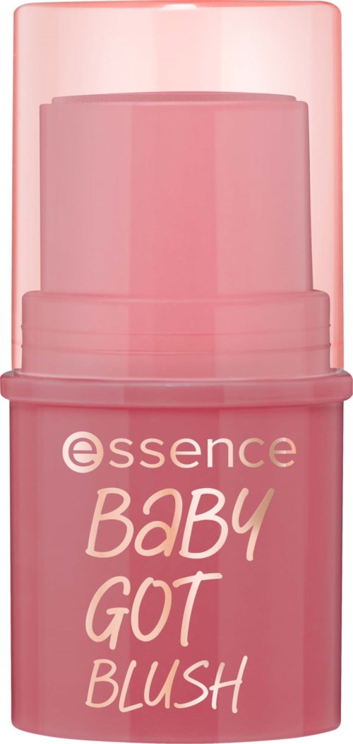 Eine rosa Flasche mit der Beschriftung 'essence Baby Got Blush' mit Pumpkopf, für Make-up oder Hautpflegeprodukte.