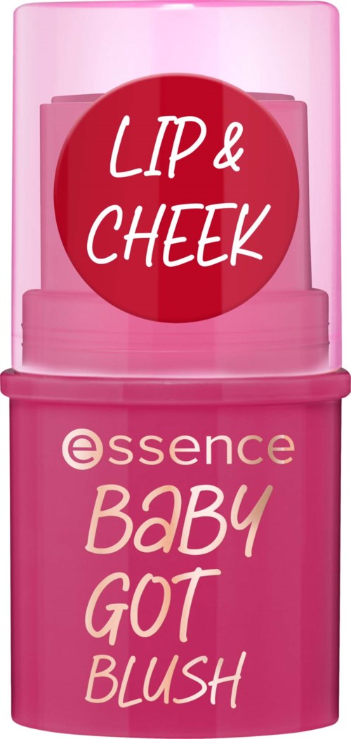 Een roze verpakking met een label dat zegt "LIP & CHEEK" en "essence Baby Got Blush."