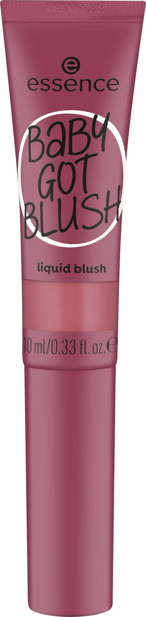 En rosa tube med Essence Baby Got Blush flytende blush. Den har lokk og fet tekst.
