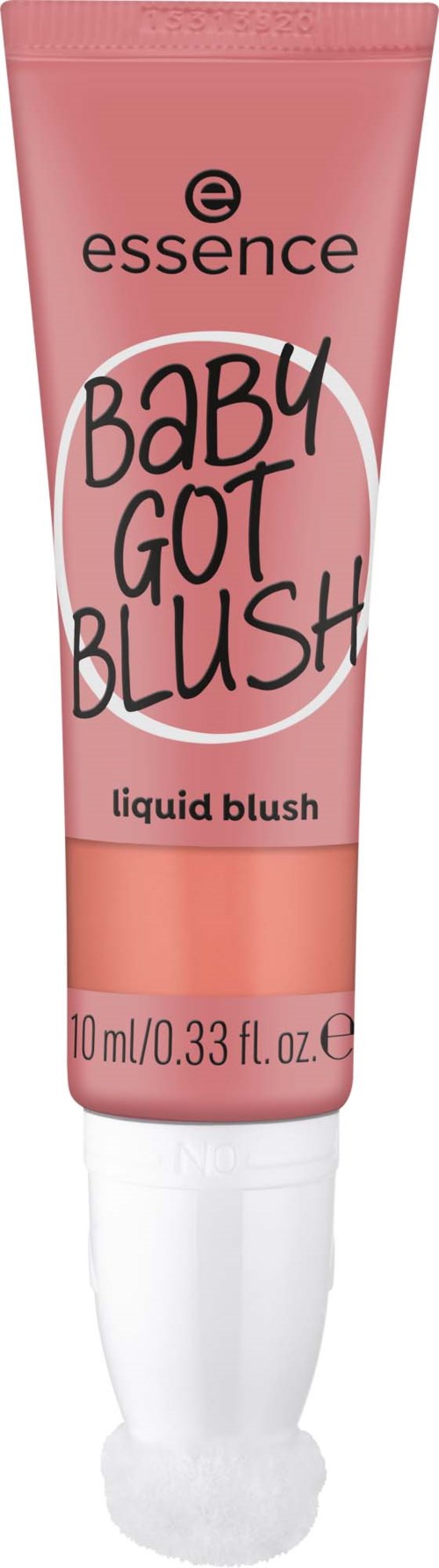 Pink tube of baby pink liquid blush with black and white text and white cap.