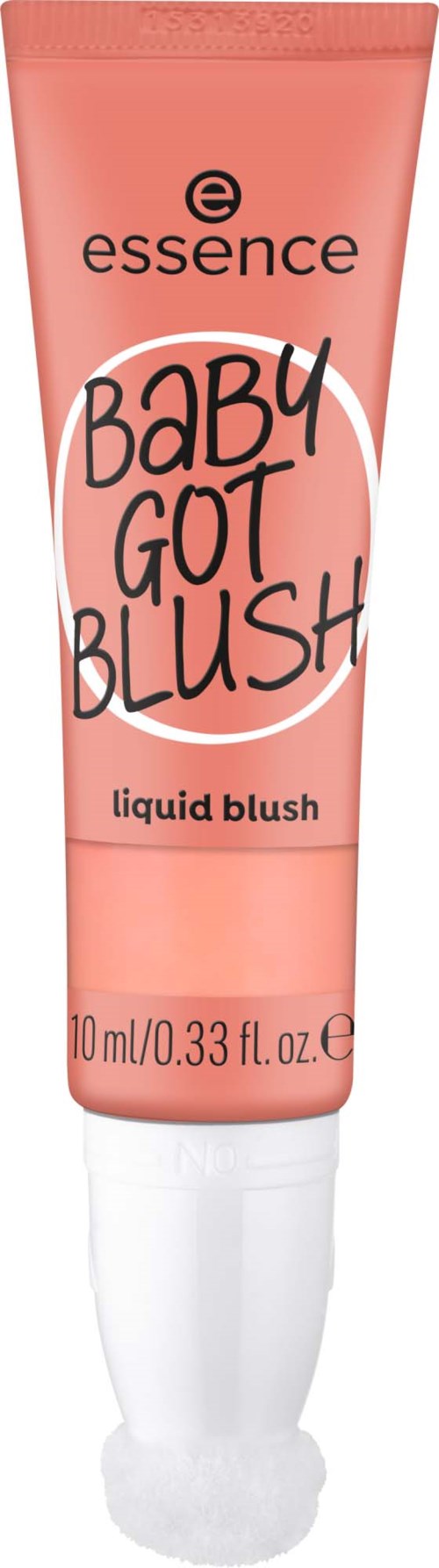 Lys rosa tube med Essence Baby Got Blush flytende blush med svart og hvit tekst.