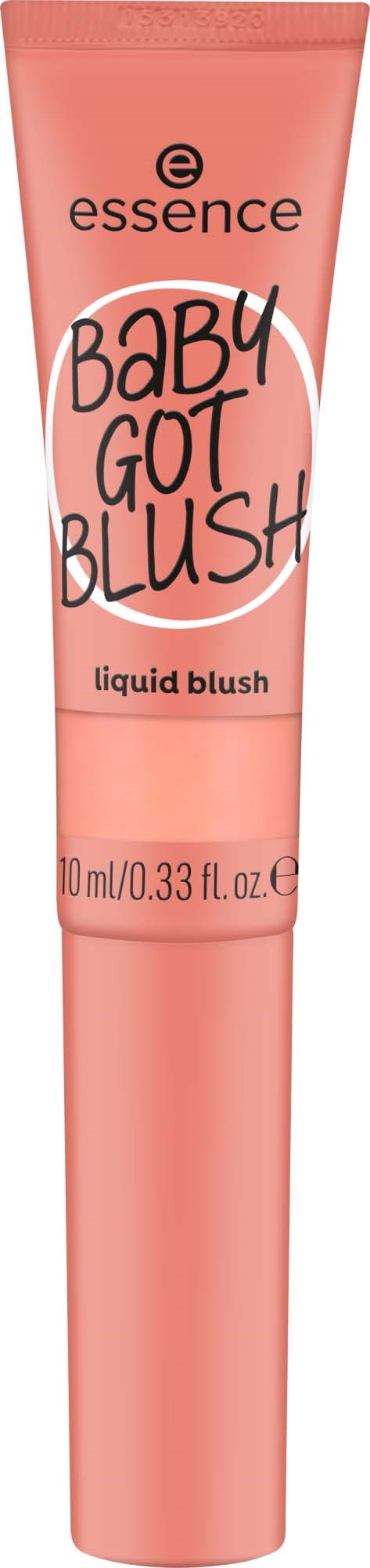 En rosa tube med flytende blush fra Essence, merket "Baby Got Blush" med enkelt design.
