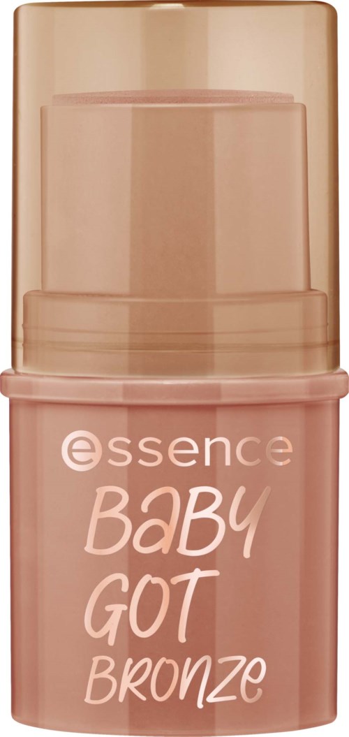 Een kleine ronde container met label essence Baby Got Bronze, met pomp en beige product.