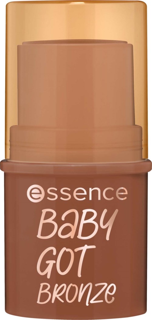 A small bottle of Essence Baby Got Bronze makeup. It has bronze-colored liquid inside and a gold cap.