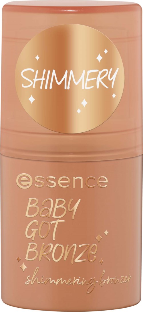 Ein rosafarbenes-beiges Behälter mit der Aufschrift Essence Baby Got Bronze Shimmering Bronzer mit goldenen Details und einem glänzenden goldenen Kreis.