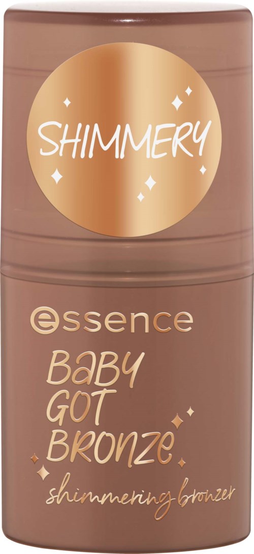 Een cilindervormige fles met een bruin en goud label zegt Shimmery Essence Baby Got Bronze glanzende bronzer.