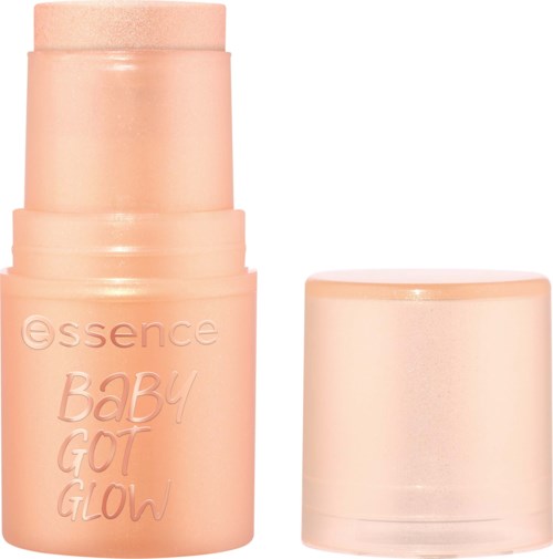 Persikfärgad tub med essence baby glow makeup och löstagbar lock bredvid.