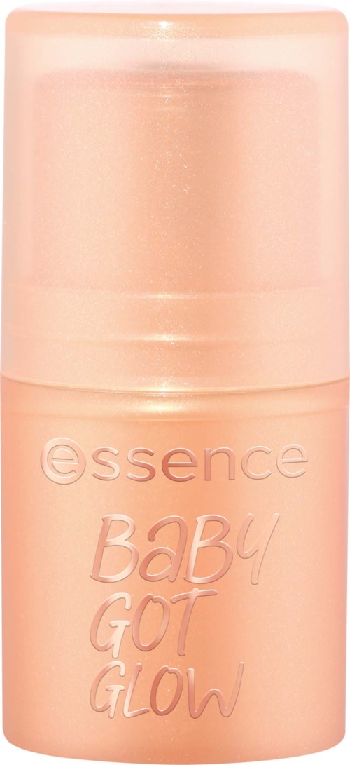 En rosa flaska med orden Essence Baby Got Glow skrivet på den, troligen en hudvårdsprodukt för barn.