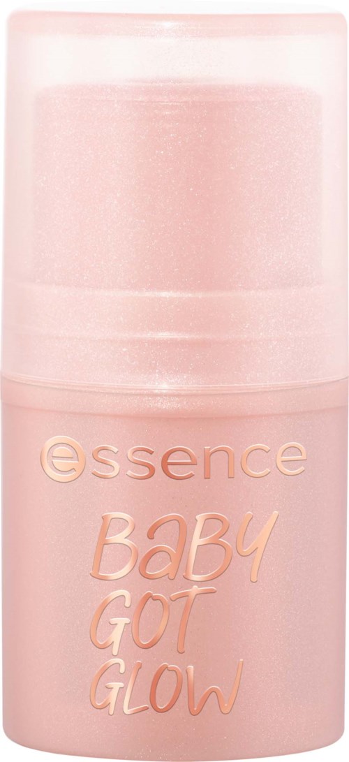 En rosa flaska märkt Essence Baby Got Glow. Det är en hudvårdsprodukt för spädbarn med ett glansigt lock.