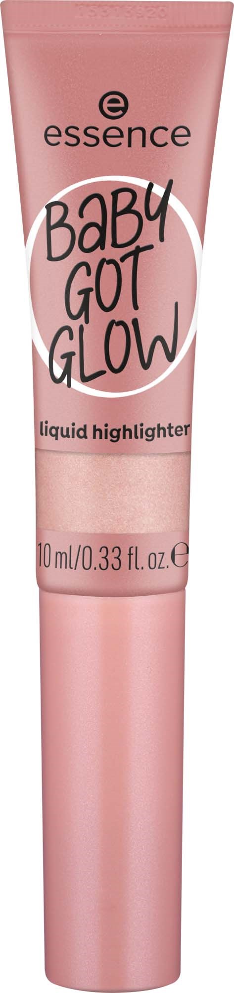 Pink tube labeled 'Baby Got Glow' liquid highlighter from Essence. It is 10ml in size.