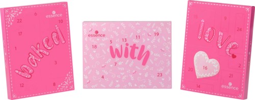 Three pink advent calendar doors with numbers and words: Believe, with, love, and heart shapes.