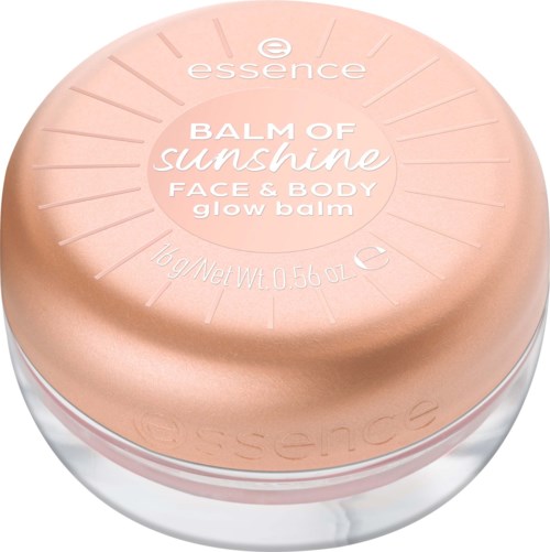 Ein runder Behälter mit essence glow balm für Gesicht und Körper, mit rosegoldenem Deckel.