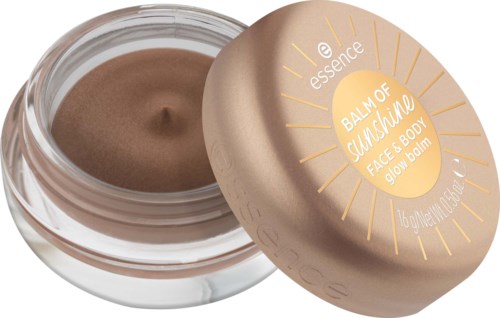 Kleine Dose Gesichts- und Körperglanzbalsam mit goldener Deckel, beschriftet essence balm of sunshine.