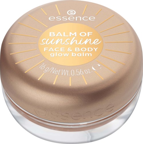 Ein runder Behälter mit essence Gesicht- und Körper-Glow-Balm namens Balm of Sunshine, mit goldenem Design und Produktdetails.