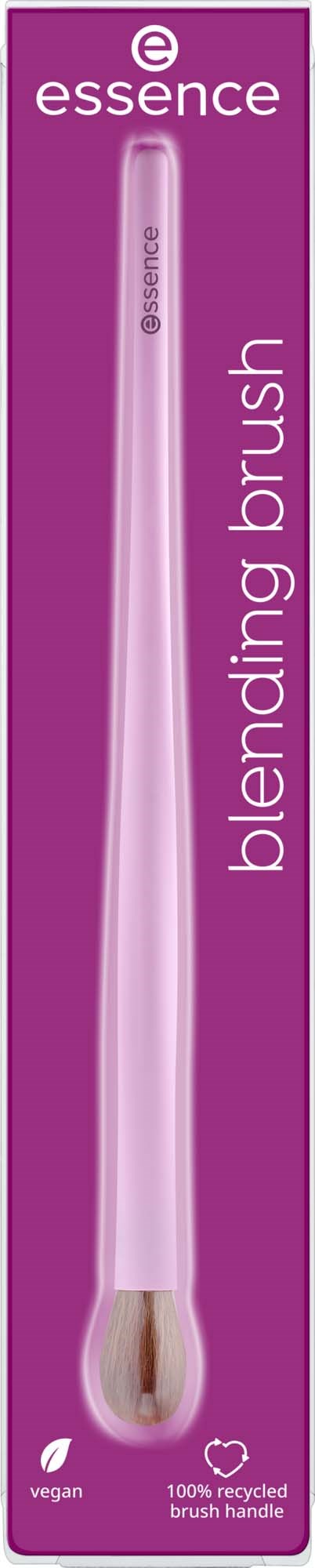 Lila verpakking voor een essence blendingsborstel met penseelhanger en logo. Tekst benadrukt dat de steel veganistisch en gerecycled is.