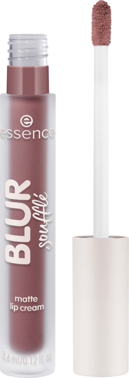 Een matte lippenbalsem tube met sponsapplicator toont roze-nude lipstick.