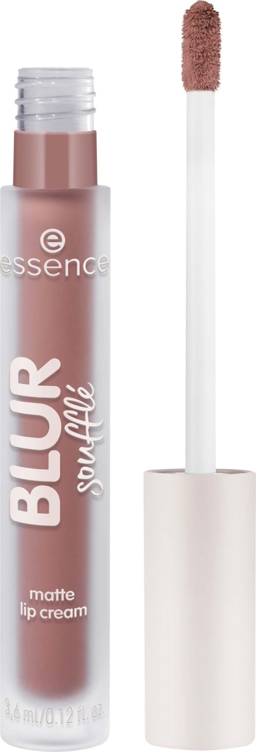 Matta huulikiilto vaaleanpunaisessa rasiassa, jossa sieniapplikaattori. Tubessa lukee BLUR sourate ja essence.
