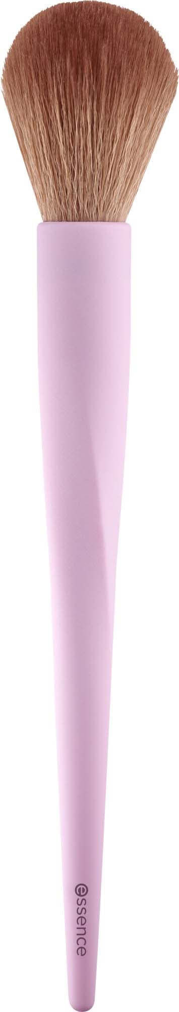 A makeup brush with a pink handle and brown bristles.