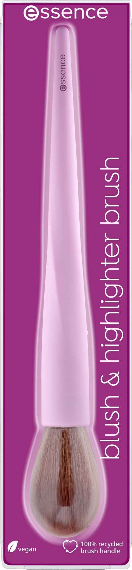 A pink makeup brush with a white handle and brown bristles in a pink box. Text on the box says it's a blush highlighter brush.
