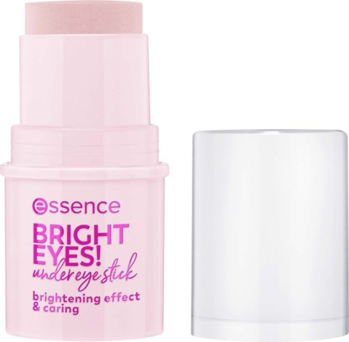 Een roze make-upstift met dop, gelabeld als Essence Bright Eyes oogstick voor opklaringen en verzorging.