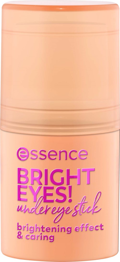 Vaaleanpunainen pyöreä säiliö, jossa beige korkki, merkintä Essence Bright Eyes Under Eye Stick kirkastukseen ja hoitoon.