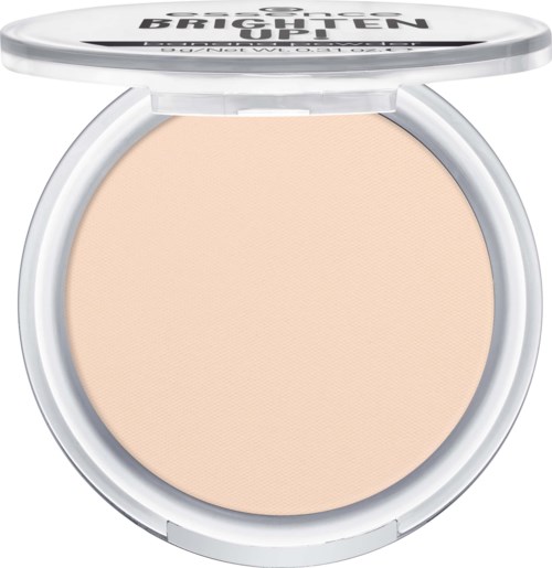 A compact round makeup product with a beige powder inside and a white lid with black text.