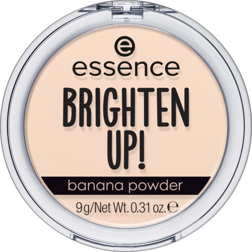 A small round container of essence brightening banana powder with black and white text on the lid.