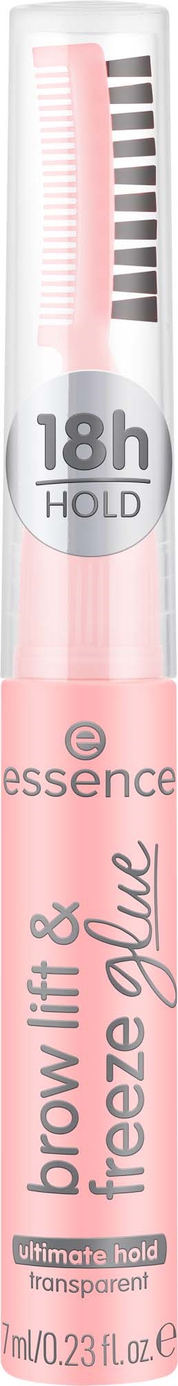 Eine pinke Tube Essence Augenbrauenlifting und Einfriere-Gel mit 18 Stunden Halt und transparenter Oberfläche.