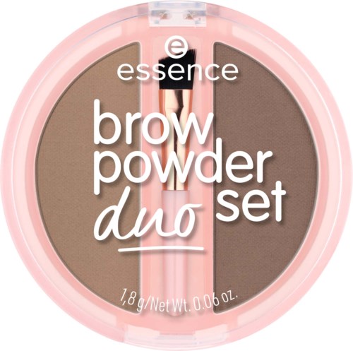 Een roze ronde compact met twee bruine poederkleuren, een kleine kwast en witte tekst met productnaam en merk.