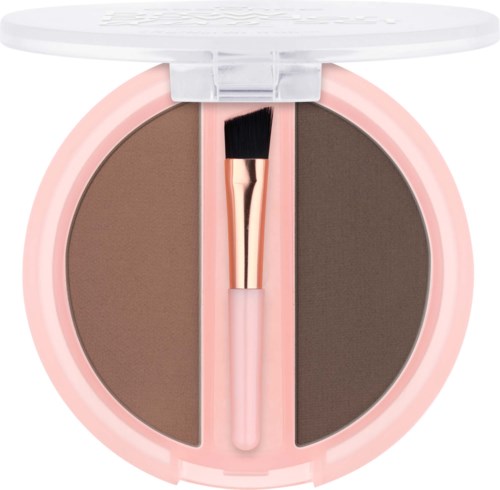 A pink compact with two brown powders and a small brush in the middle.