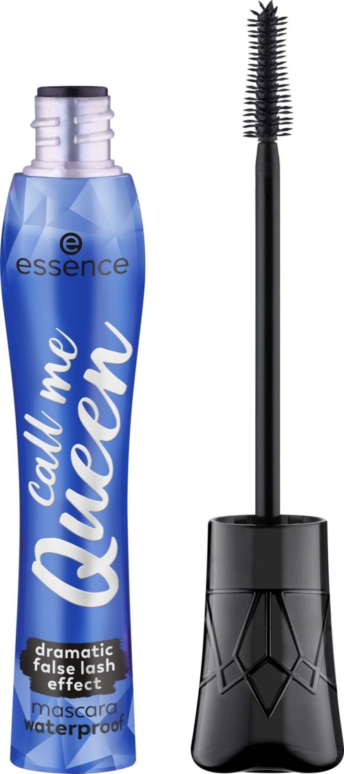 Blue tube of mascara with open lid and wand, planned for waterproof false lash effect.