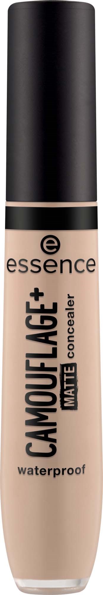 Eine beigefarbene Concealer-Tube mit schwarzem Deckel und schwarzem Text, als wasserfest und matt gekennzeichnet.