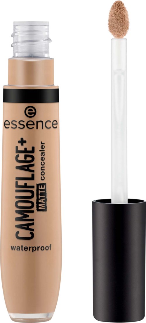 Beige Concealer-Stift mit schwarzem Deckel, wasserfest und matt, plus Applikator mit Schwammtupf.