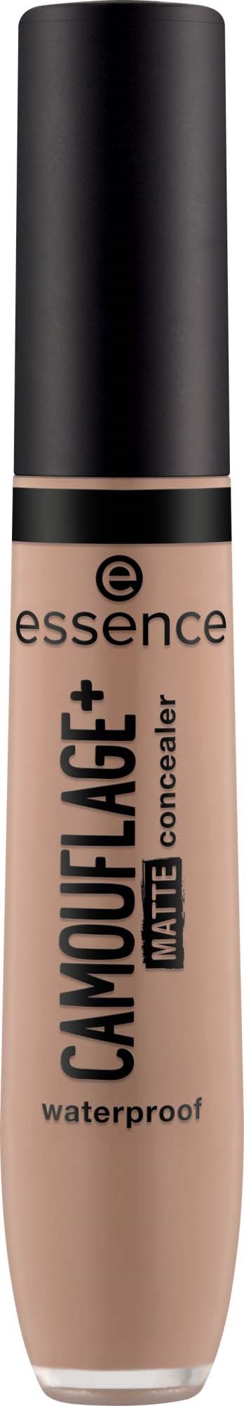 Eine Flasche Essence Camouflage Plus Concealer in Beige mit schwarzem Deckel.