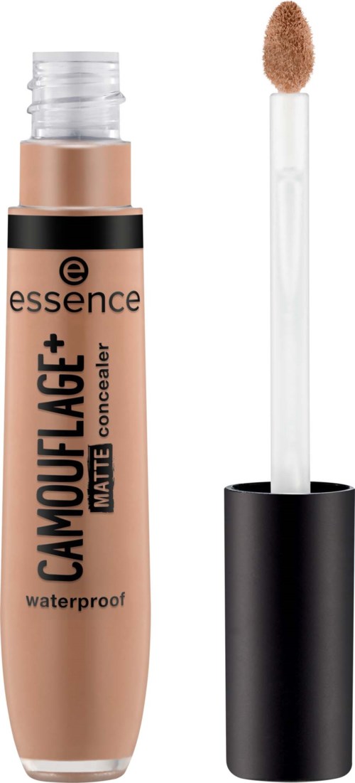 Beige flüssige Concealer in Tuben mit Applikatorschwamm, gekennzeichnet essence camouFLAGE+ für wasserdichten Gebrauch.