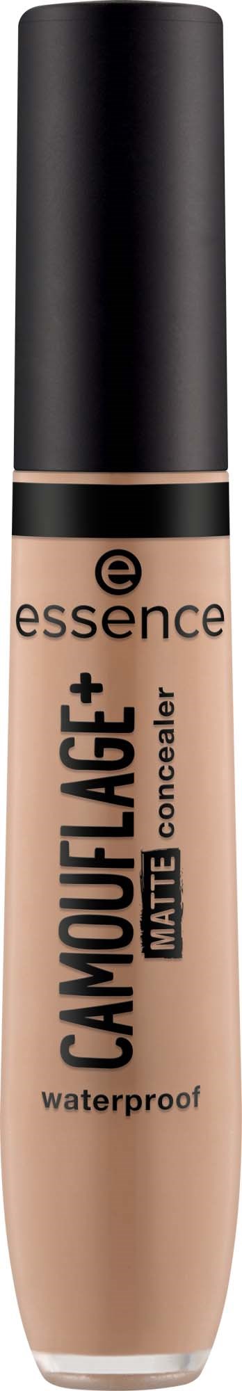 Beige flüssiger Abdeckstift in einer schwarzen Tube mit schwarzem Deckel, gekennzeichnet essence camouflague+ matte waterproof.