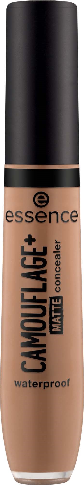 Beige flüssiger Concealer in einer langen, schlanken Tube mit schwarzem Deckel, Beschriftung essence Camouflage+ Matt.