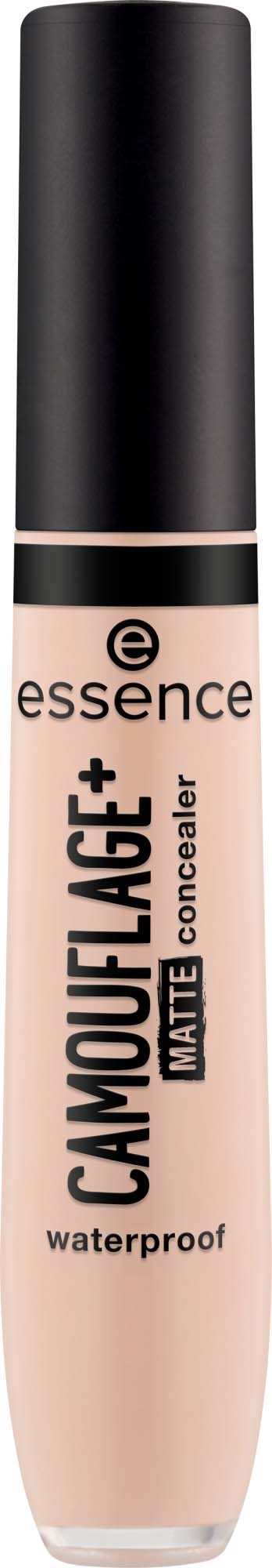 Eine beigen Concealer-Rolle mit schwarzem Deckel, gekennzeichnet Essence Camouflage+ Matt für wasserdichte Abdeckung.