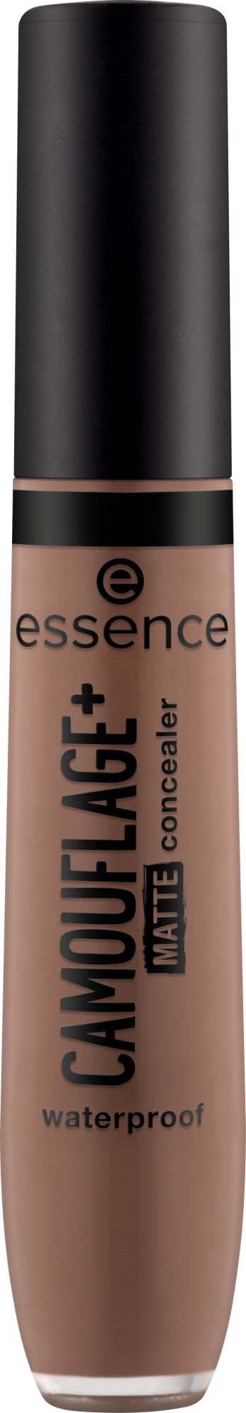 Een tube Essence Camouflage+ Matte Concealer, bedoeld om onvolkomenheden te verbergen, waterdicht, met zwarte dop.