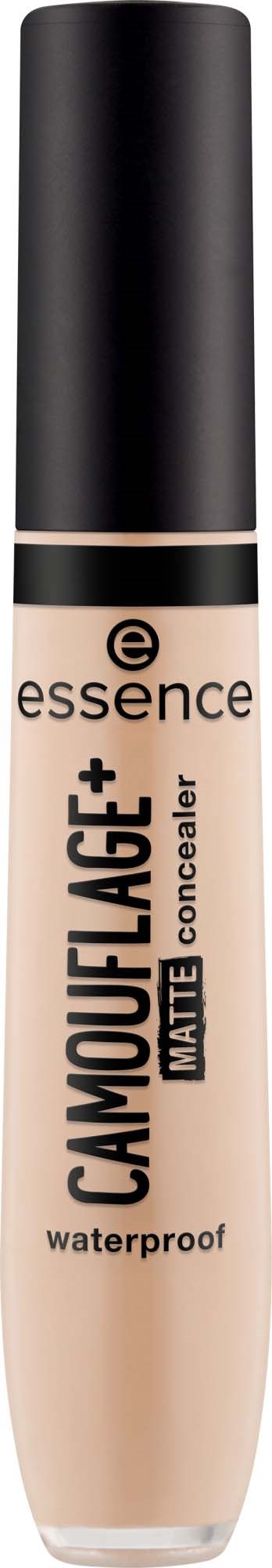 Hellbeige flüssiger Concealer in einer durchsichtigen Tube mit schwarzem Deckel, Essence Camouflage+ mit wasserfesten und matten Eigenschaften.
