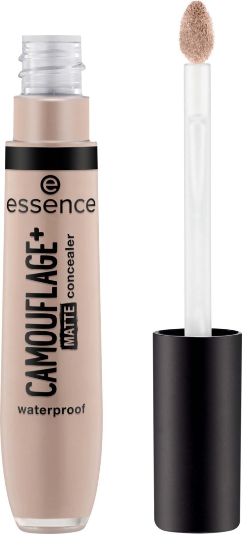 Wasserfester matter Concealer mit Applikator, in beige Tube mit schwarzer und rosa Schrift.