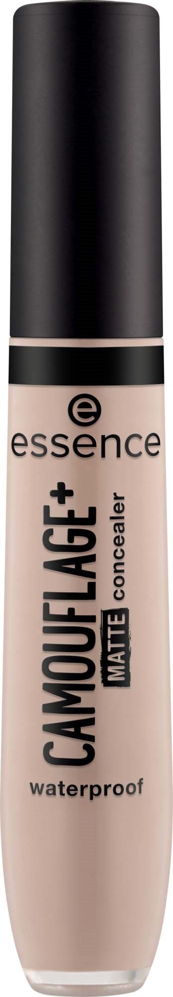 Ein beiges Concealer-Stift mit schwarzem Deckel, als wasserfest und matt gekennzeichnet, von Essence.