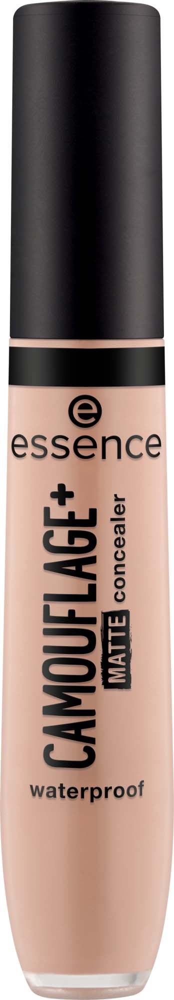 Ein beiges Concealer-Röhrchen mit schwarzem Deckel, gekennzeichnet mit Essence Camouflage+ Matte Waterproof.
