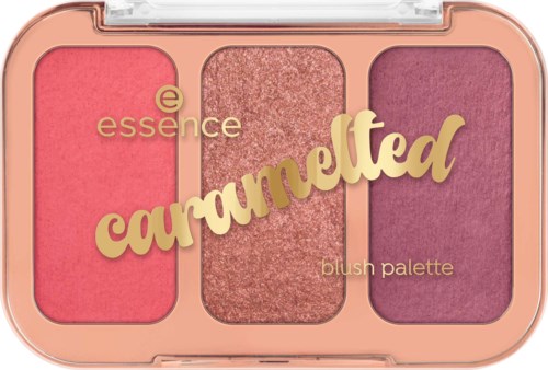 Meikkipaletissa kolme sävyä: koralli, hohtava pronssi ja syvä vaaleanpunainen, persikkapakkauksessa. Tekstit caramelized ja blush palette ovat pakkauksessa.